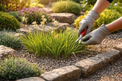 Kora tavaszi kertben metszőollóval dolgozó kertész, türkesztáni tulipán metszése közben.