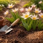 A türkesztáni tulipán csillag alakú virágai a tavaszi ágyásban nyílnak.