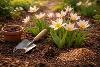 A türkesztáni tulipán csillag alakú virágai a tavaszi ágyásban nyílnak.