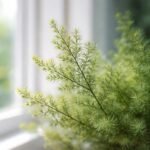 - A vékony hanga Erica-virág otthonos ablakban, megfelelő fényben virágzó és élénk zöldlevelű.