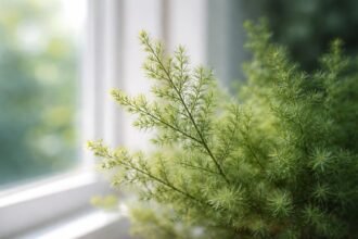 - A vékony hanga Erica-virág otthonos ablakban, megfelelő fényben virágzó és élénk zöldlevelű.