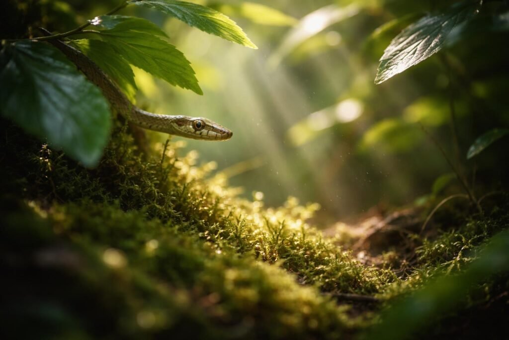 - Lágy fény a vékony hanga természetes élőhelyén, növények és árnyékok között