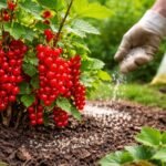 Vörös ribiszke bokor gazdag zöld levelekkel és egészséges bogyókkal a kertben