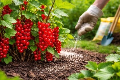 Vörös ribiszke bokor gazdag zöld levelekkel és egészséges bogyókkal a kertben