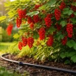 - Vérvörös ribiszke bokrok öntözés közben, csepegtető rendszerrel és víztakarékos megoldásokkal