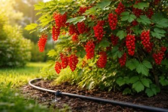 - Vérvörös ribiszke bokrok öntözés közben, csepegtető rendszerrel és víztakarékos megoldásokkal