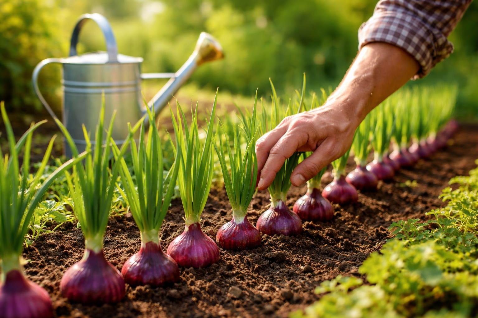 - Látványos vöröshagyma fejek egészséges talajból, optimális öntözésből és gondos védelemből