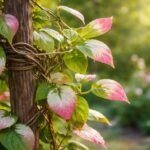 Actinidia kolomikta futó kúszónövény tarka lombja és érett gyümölcsei a kerítésen