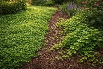 Kertben agresszív talajtakaró növények sűrű zöld szőnyeget alkotnak, kiszorítva a gyomokat.