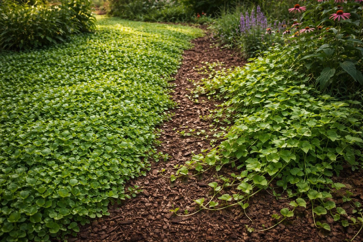 Kertben agresszív talajtakaró növények sűrű zöld szőnyeget alkotnak, kiszorítva a gyomokat.
