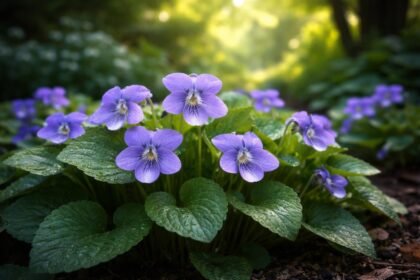 Amerikai ibolya Viola sororia lila virágok árnyékos kertrészben ágyások szegélyére tavaszi megjelenéssel