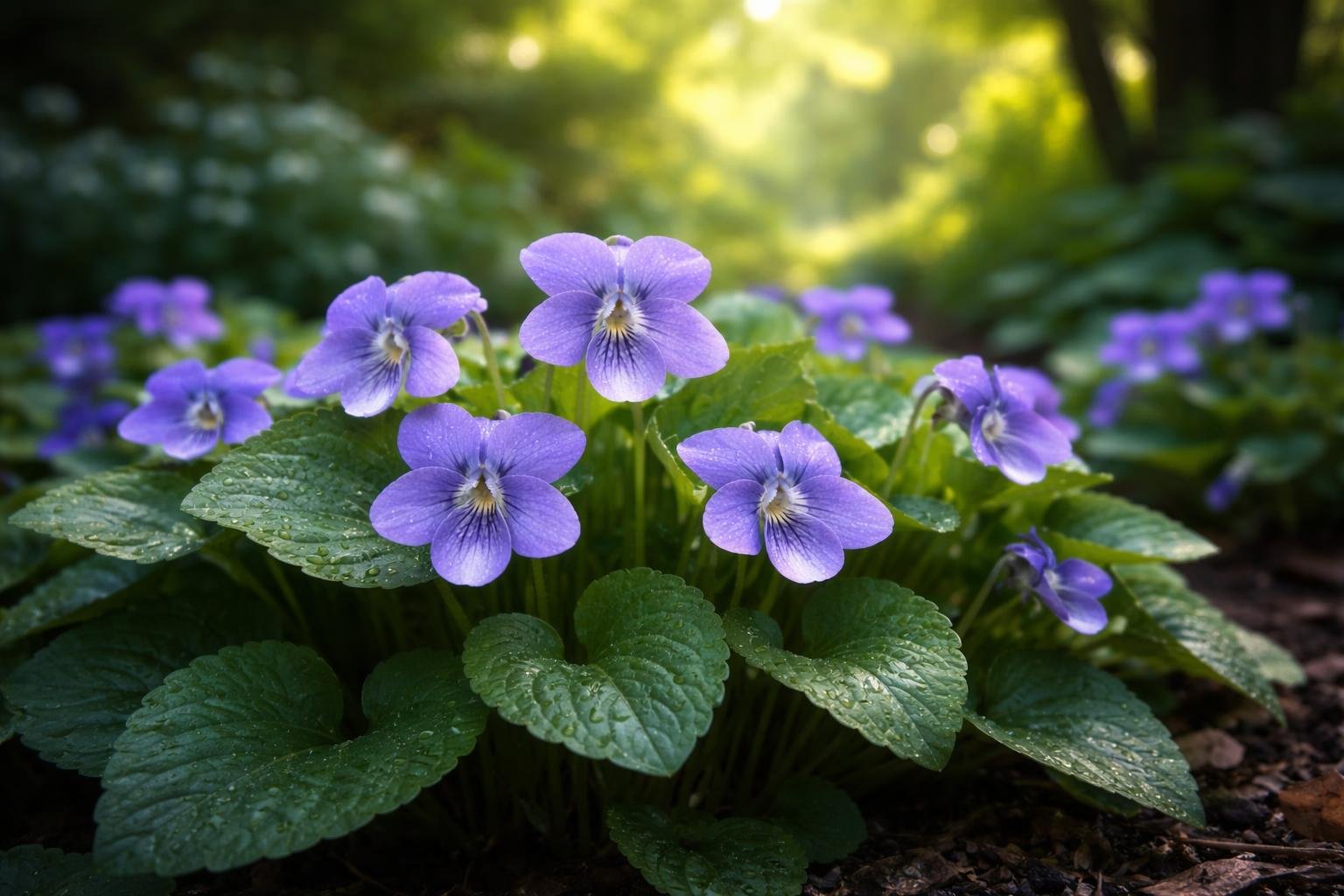 Amerikai ibolya Viola sororia lila virágok árnyékos kertrészben ágyások szegélyére tavaszi megjelenéssel