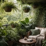 Árnyékos erkély egyedi növényekkel, alacsony fényigényű virágokkal és hűvös légkörrel