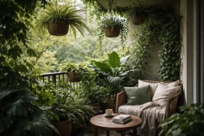 Árnyékos erkély egyedi növényekkel, alacsony fényigényű virágokkal és hűvös légkörrel