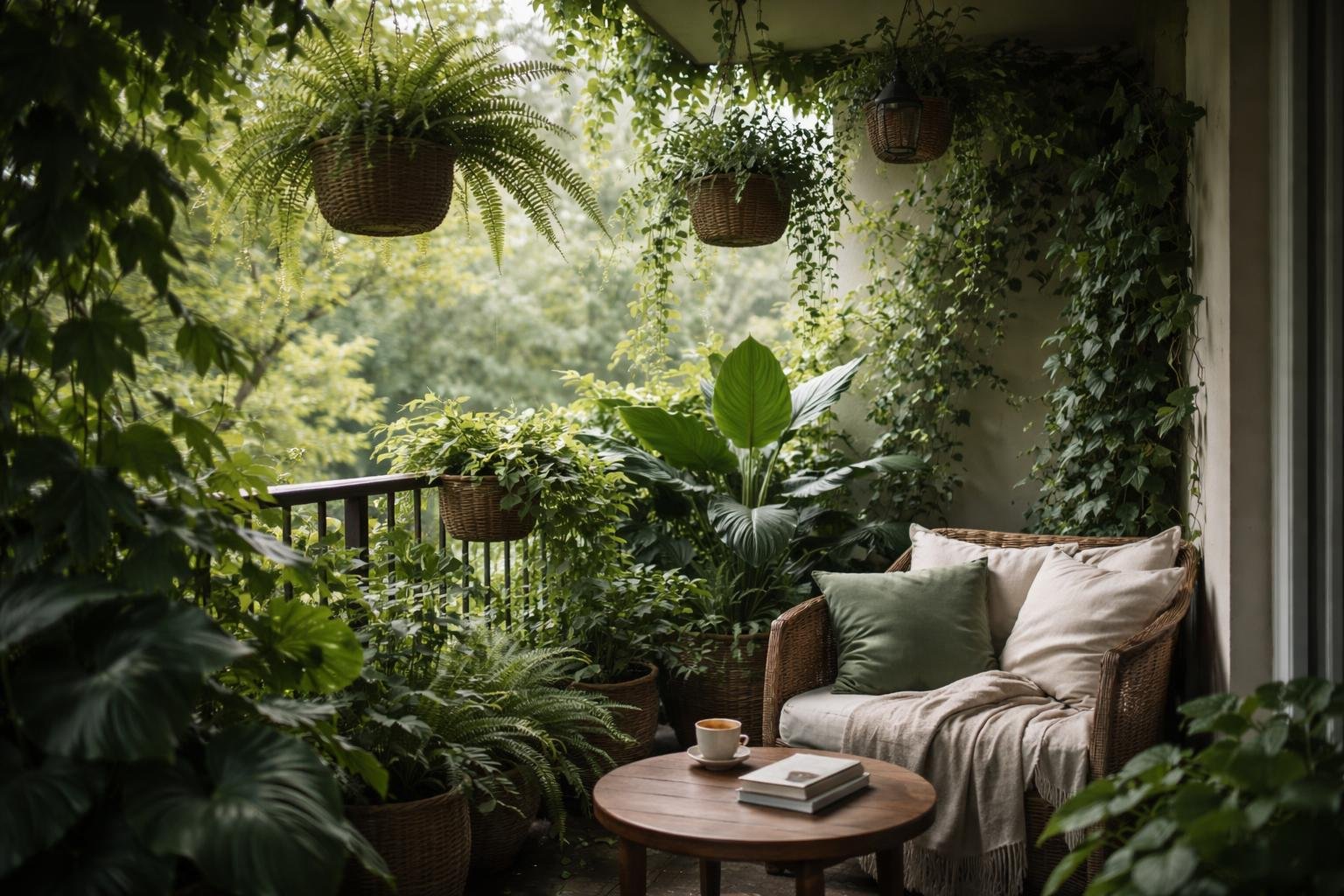 Árnyékos erkély egyedi növényekkel, alacsony fényigényű virágokkal és hűvös légkörrel