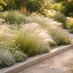 Árvalányhaj (Stipa tenuissima) finom, légies lombozata és lebegő fürtök a kertben.