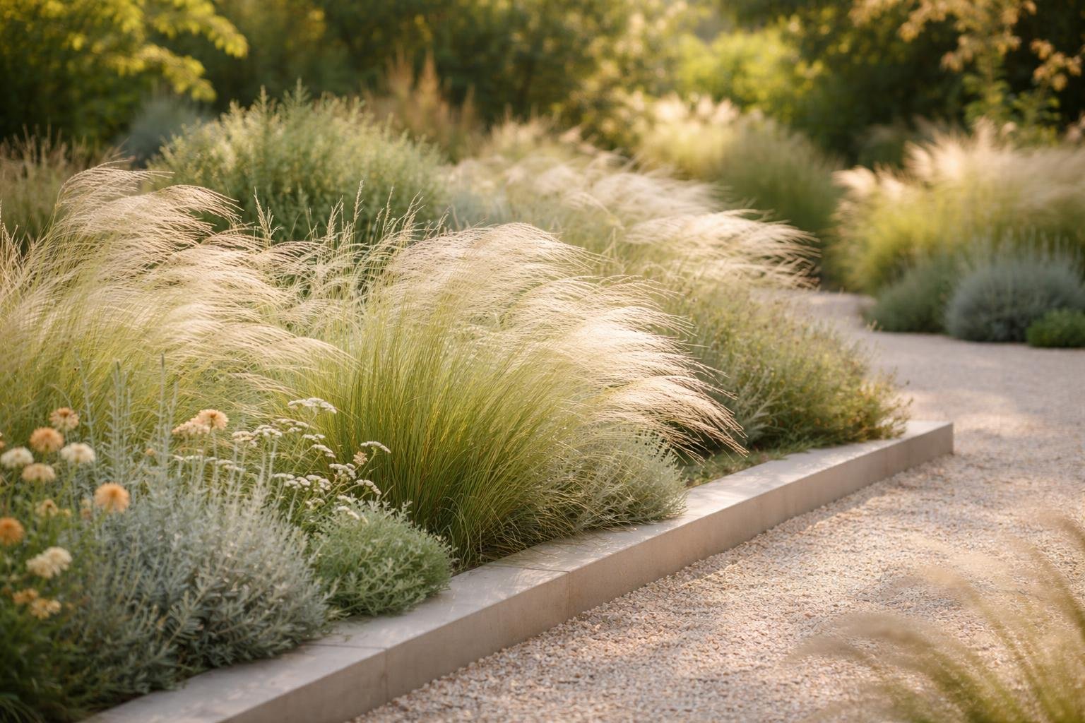 Árvalányhaj (Stipa tenuissima) finom, légies lombozata és lebegő fürtök a kertben.