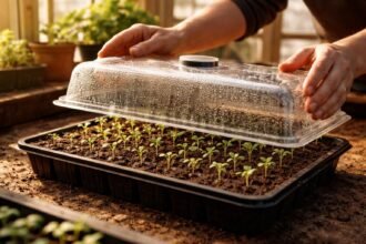 Kezdő magok csírája tálcán, a növekedéshez szükséges fény, víz és meleg.