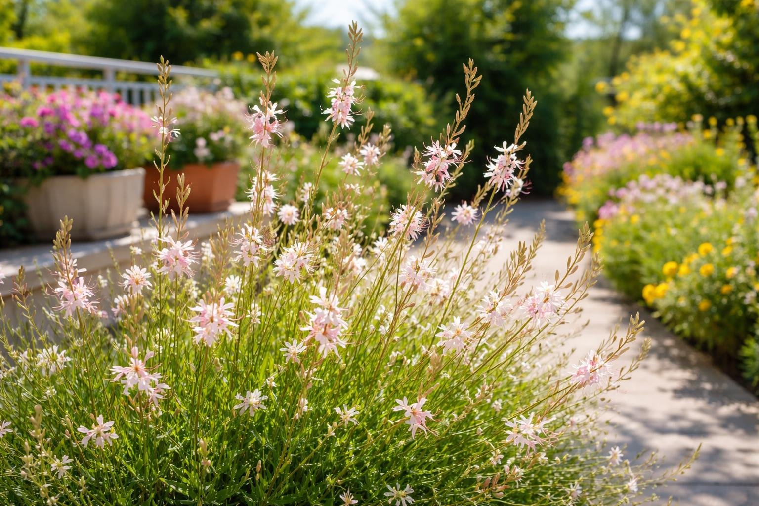 - Fényben tobzódó Gaura lindheimeri virágzás a napos ágyásokban, lángoló színharmóniát teremt nyáron.