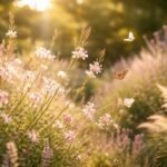 Légies Gaura lindheimeri virágszálaival díszített nyári kertrészlet pillangókkal és romantikával