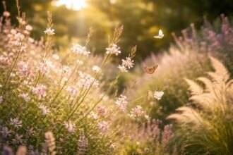 Légies Gaura lindheimeri virágszálaival díszített nyári kertrészlet pillangókkal és romantikával