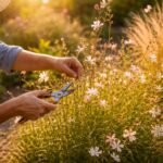 Pillangószerű virágokkal díszített Gaura lindheimeri növény metszés közeli állapot és zöld levélzet