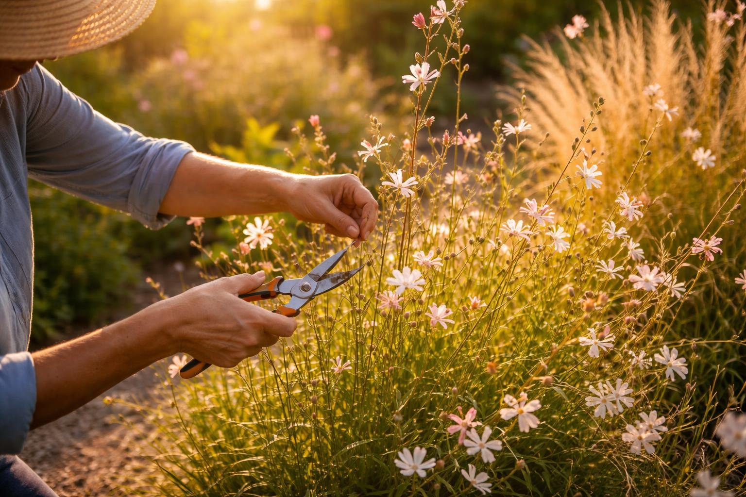 Pillangószerű virágokkal díszített Gaura lindheimeri növény metszés közeli állapot és zöld levélzet