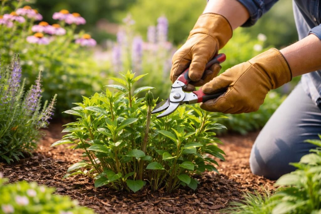 Közeli felvétel évelő díszgyertya metszése ollóval a virágágyásban, tavaszi munkában