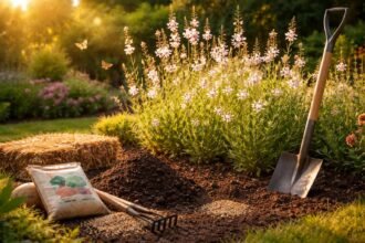 Évelő díszgyertya virágzó kertben, hosszú virágzás és légies szárak a szélben.