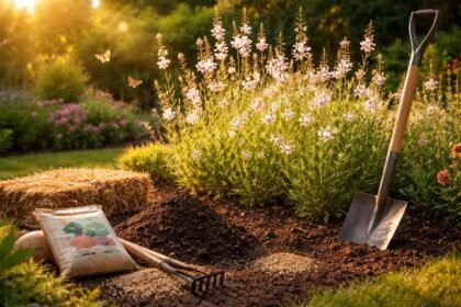 Évelő díszgyertya virágzó kertben, hosszú virágzás és légies szárak a szélben.