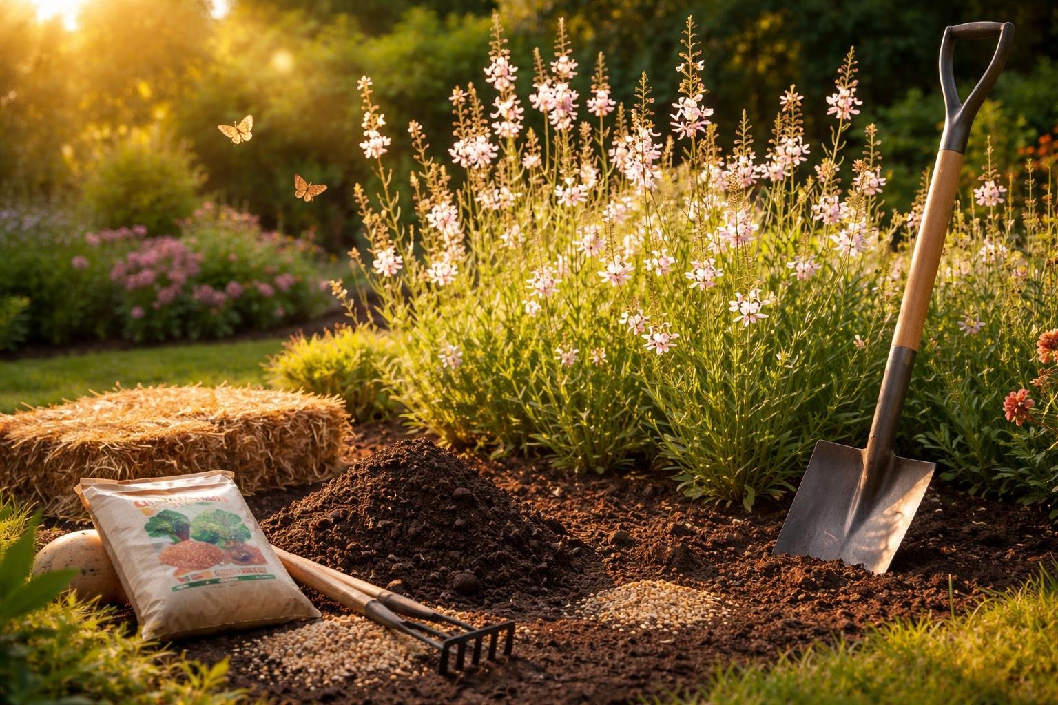 Évelő díszgyertya virágzó kertben, hosszú virágzás és légies szárak a szélben.