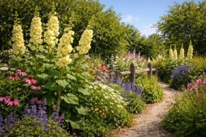 Orosz mályvarózsa virágzó ágyás, erős fényben, látványos virágszárak és tömött virágzás.