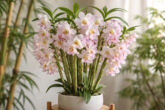 - Bambusz orchidea Dendrobium nobile hosszú virágzással és otthoni egyszerű gondozással.