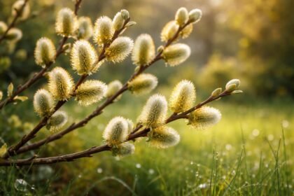 Fűzfa barkái kora tavasszal, ezüstös szőrös virágzatok, méhek látogatják és díszítik a kertet