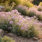 Borzas len növény virágai rózsaszínes-lilás színűek és szőrös hajtások a napfényben kertben.