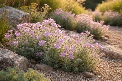 Borzas len növény virágai rózsaszínes-lilás színűek és szőrös hajtások a napfényben kertben.