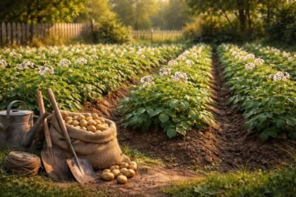 Zöld burgonya növények a kertben, jól látható levélzet és talajviszonyok.
