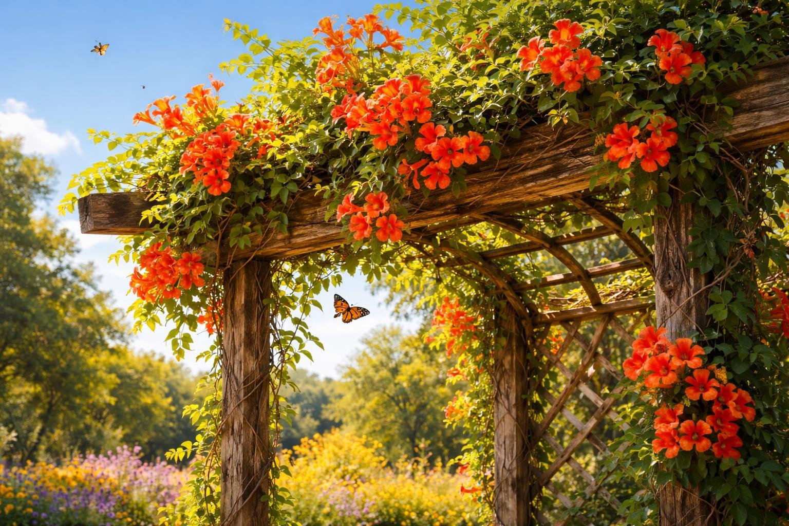 - Trombitafolyondár gyorsan növő, vonzza beporzókat nyáron narancsos trombitavirágokkal és falakhoz vagy pergolákhoz futtatva