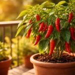 Chili paprika konténerben növekszik erkélyen, palánta a csípős termés felé