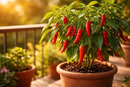 Chili paprika konténerben növekszik erkélyen, palánta a csípős termés felé