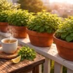 Citromfű konténerben a napfényes balkonon, friss tea alapanyag és illat.