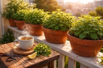 Citromfű konténerben a napfényes balkonon, friss tea alapanyag és illat.