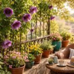 Cobaea scandens serleglonc virágokkal borítja a teraszt, buja lomb és nyári fény