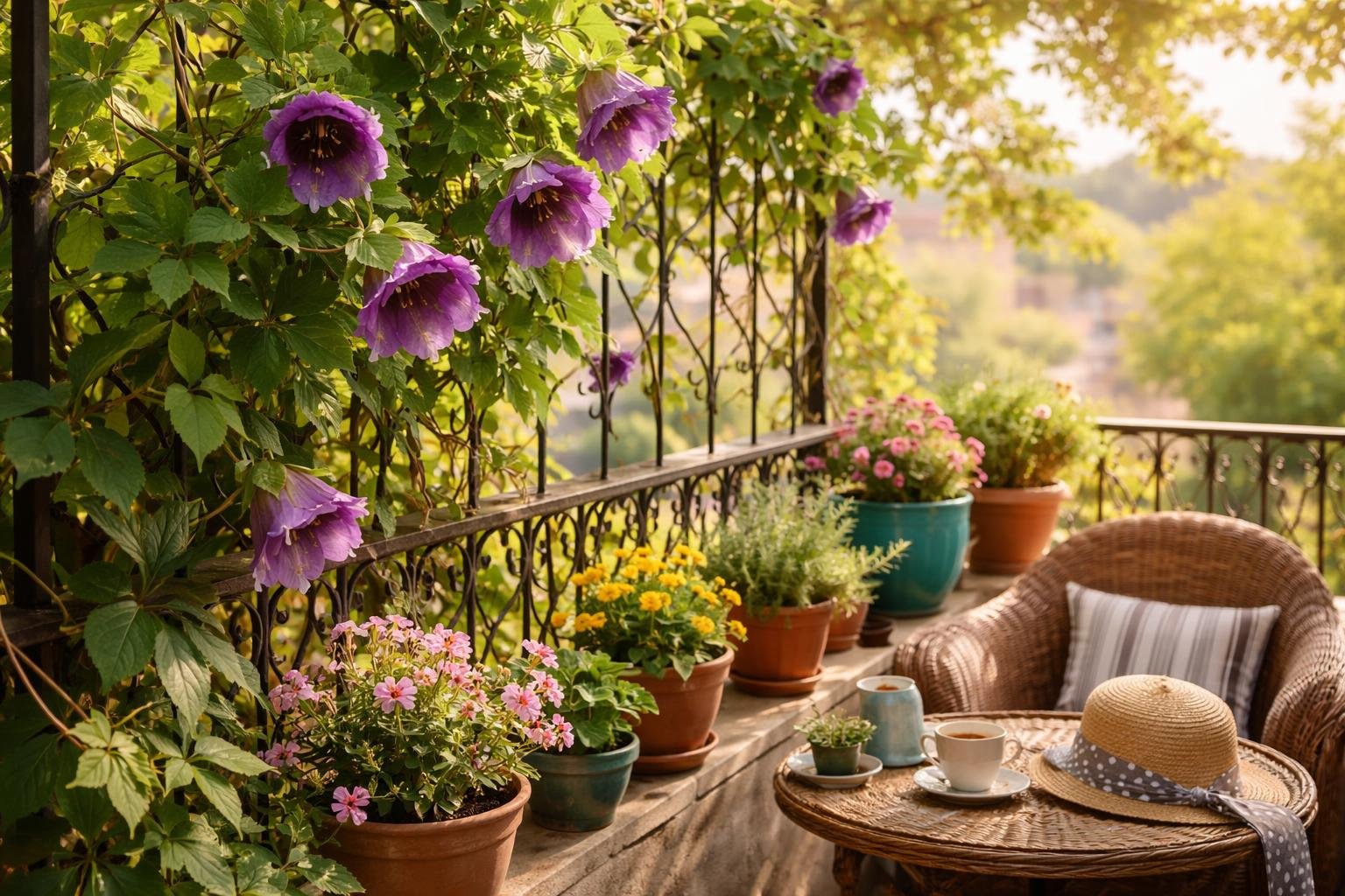 Cobaea scandens serleglonc virágokkal borítja a teraszt, buja lomb és nyári fény
