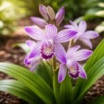 Csíkos Jácintorchidea (Bletilla striata) virágai fehér alapon kék csíkokkal, kertben szabadföldön.