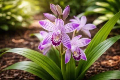 Csíkos Jácintorchidea (Bletilla striata) virágai fehér alapon kék csíkokkal, kertben szabadföldön.