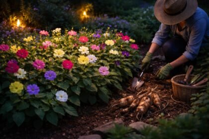 Csodatölcsér Mirabilis jalapa virágokkal teli kertkép, illatos estefelé nyílnak, színes szirmokkal