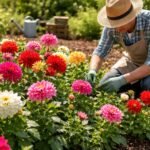 Színes dáliák virágágyása nyári kertben, közelről mutatja a részleteket és a látványos színátmeneteket.