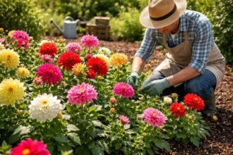Színes dáliák virágágyása nyári kertben, közelről mutatja a részleteket és a látványos színátmeneteket.