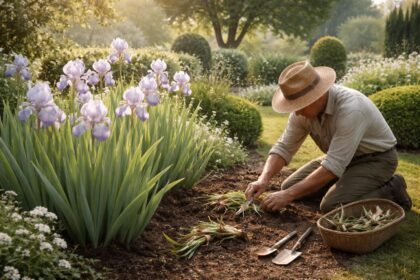 Dalmát nőszirom virágzás a rendezett kertben mediterrán, finom illattal és elegáns levélzéssel.